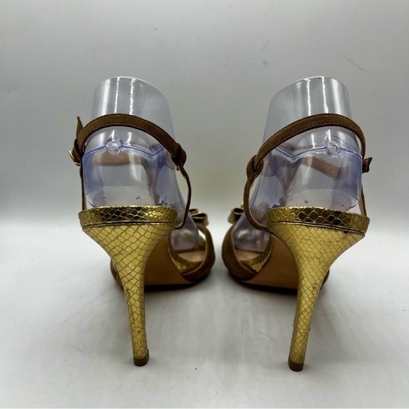 Talbots Gold Embossed Leather Tan Suede Open Toe Bow Accent Heeled Sandals 9.5B - Picture 6 of 12